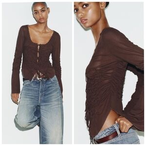 Zara Brown Mesh Ruched Long Sleeve Top